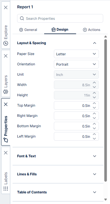 Use this work area to adjust the properties of your report