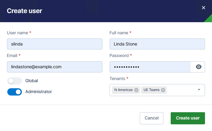 Select one or more tenants when creating a user, optionally make tue user an admin