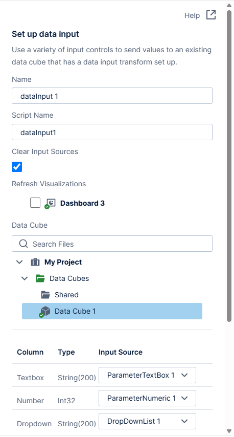 Map the data input columns to the input source 
