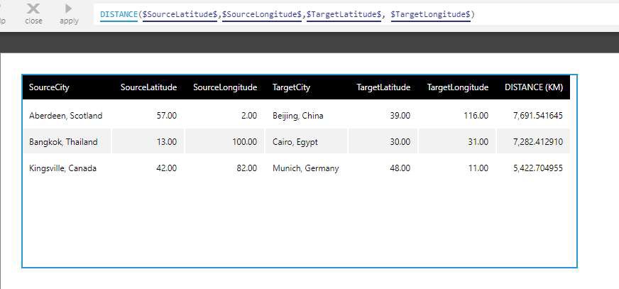 The Distance function computes the as-the-crow-flies distance