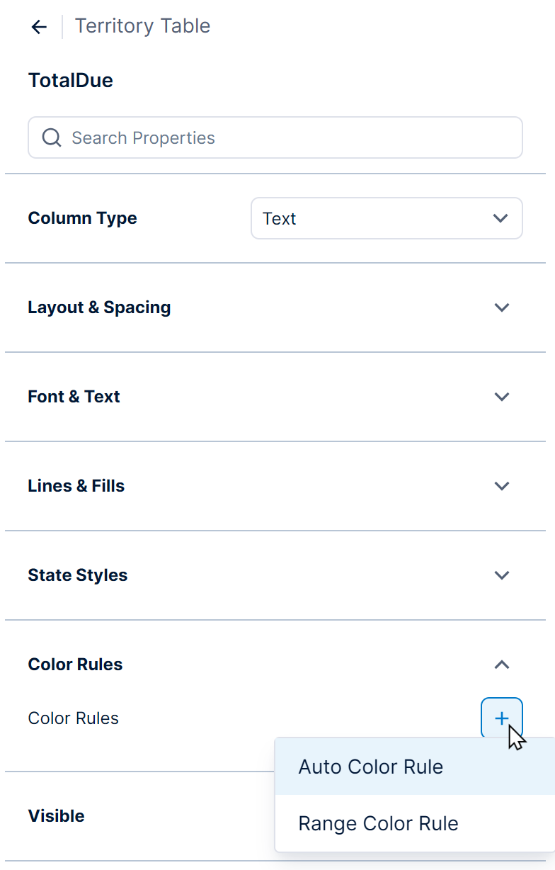 Color Rules property for a table column