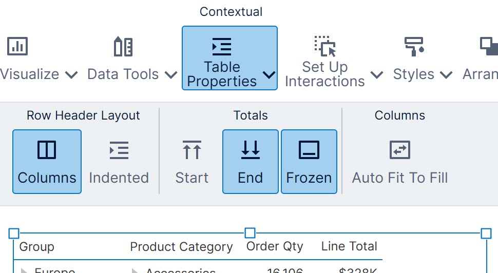 Table properties in the toolbar