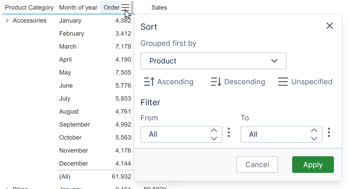 Sort and Filter menu