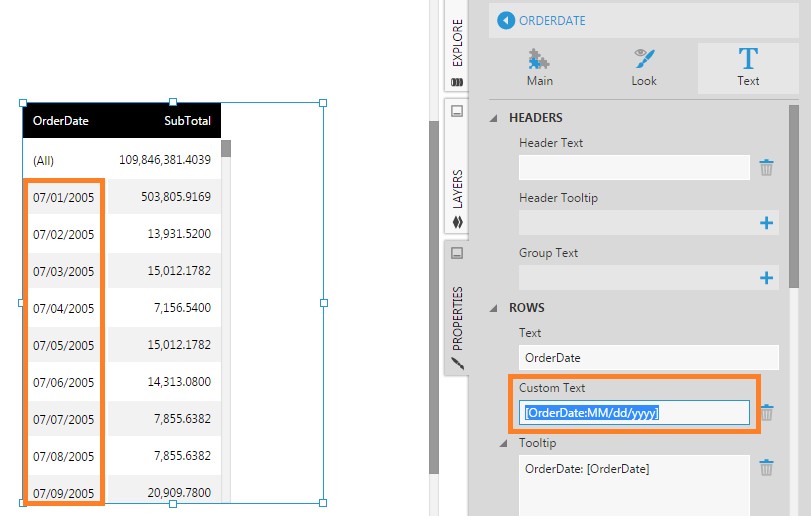 Typing the date format for the column