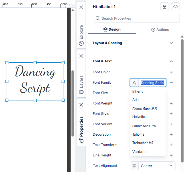 Select or enter a font family in Properties and Design tab