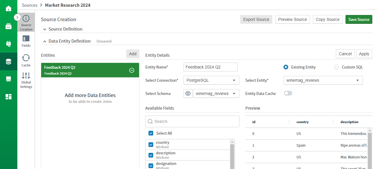 Use this work area to create or update a data source