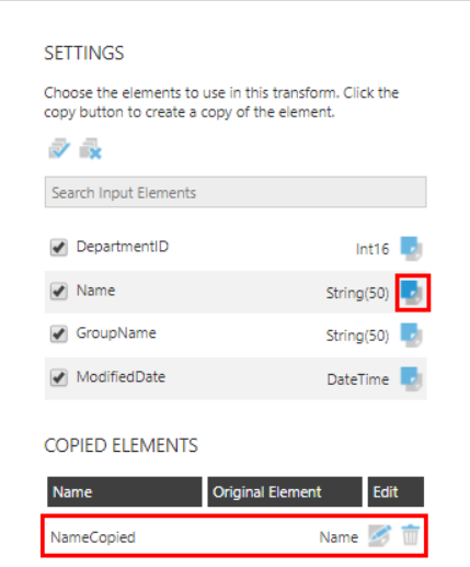 Copy element configurartion