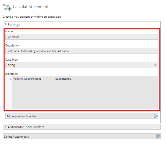 Configure the new element