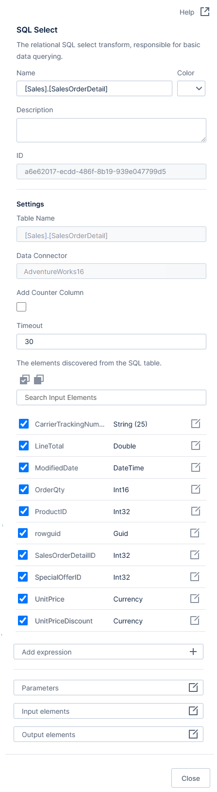 SQL Select transform configuration