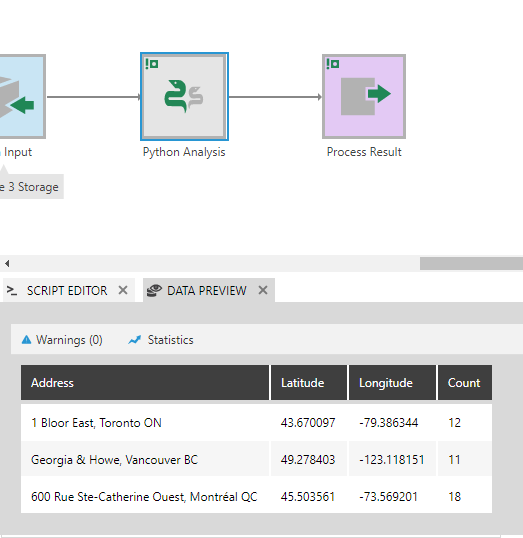 Preview the geocoding results with an extra Count measure returned