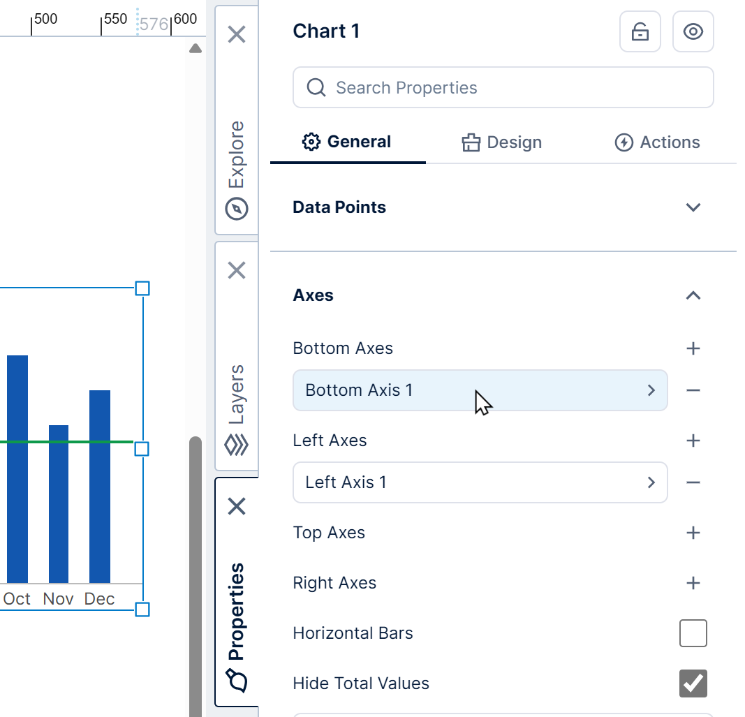Selec  a chart axis (Bottom Axis 1) to edit its properties