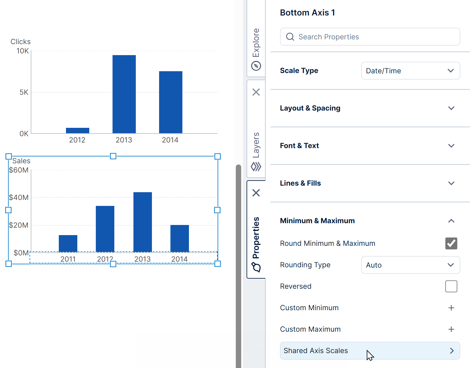 Select the option Share the scale with another chart or axis