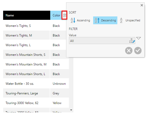 Open the Sort & Filter pop-up for the second column