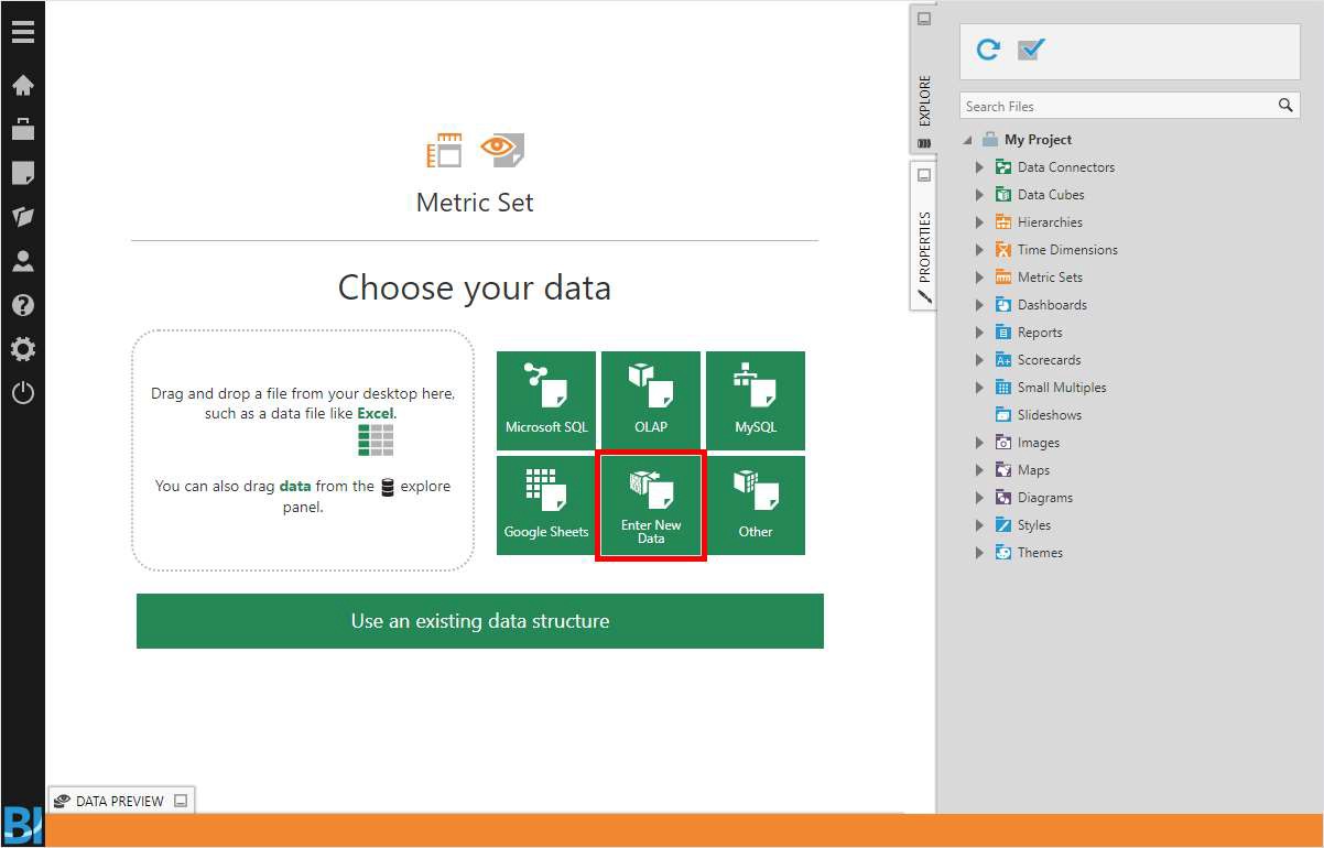 Click Enter New Data in a new metric set 