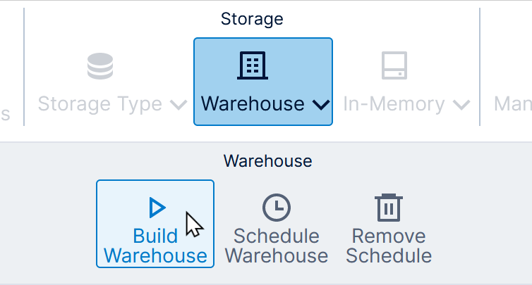 Building warehouse storage from the data cube toolbar