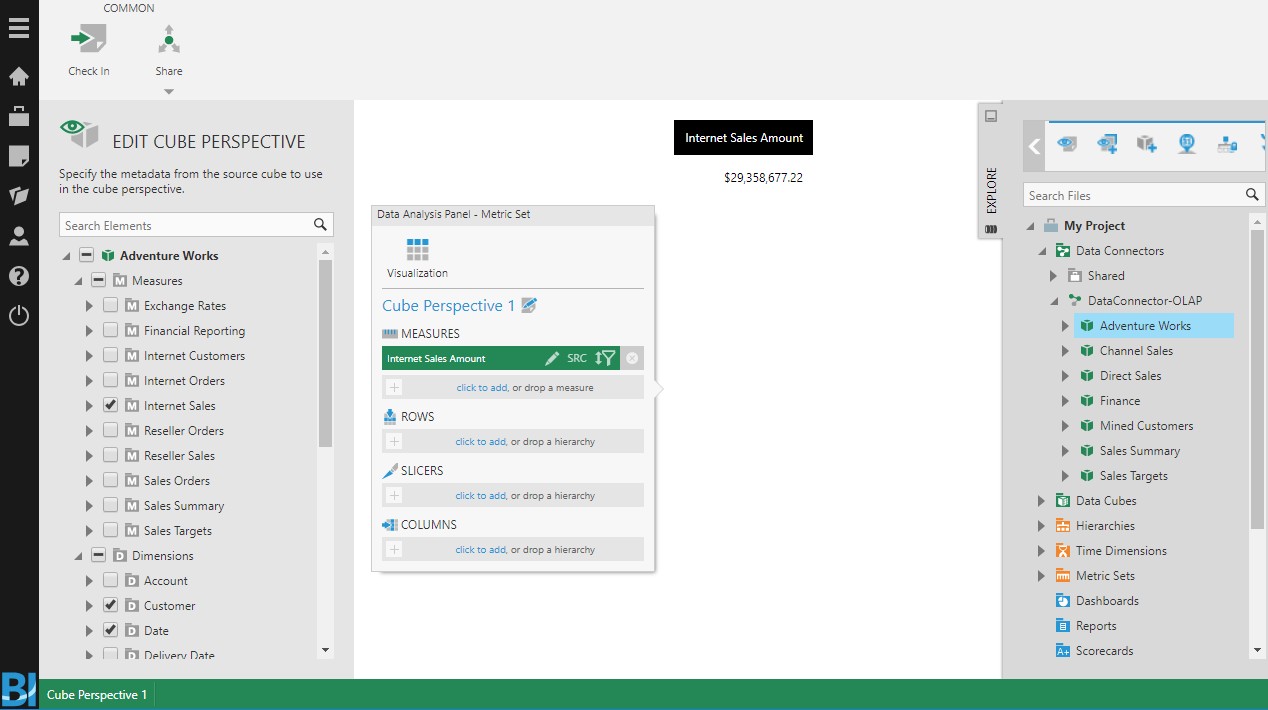 Select measures, dimensions, and hierarchies