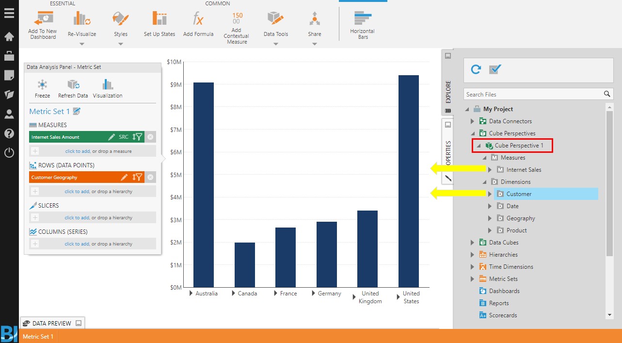 Drag measures and hierarchies from a cube perspective to the canvas