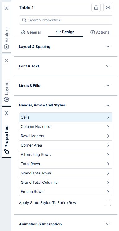 Select Cells in Header, Row & Cell Styles