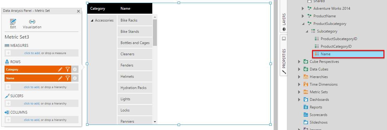 Adding Excel subcategories to the table