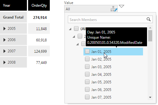 Hover over the time dimension member