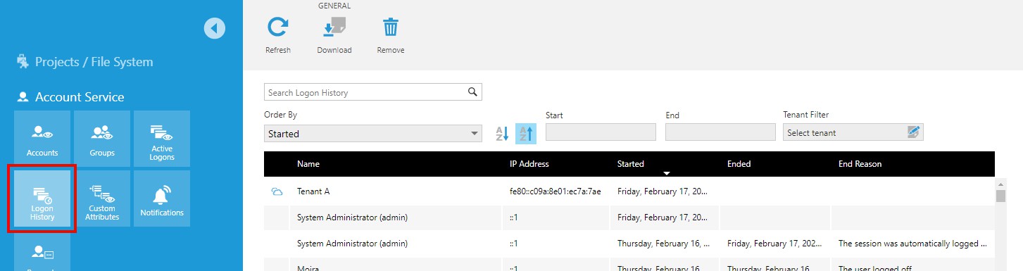 admin with a logon selected