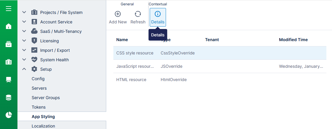 Select the CSS resource and view its details 