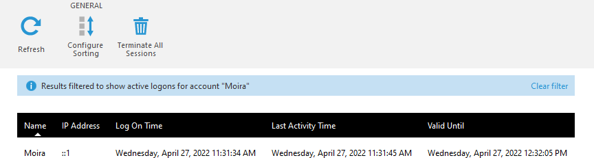 Active sessions associated with an account