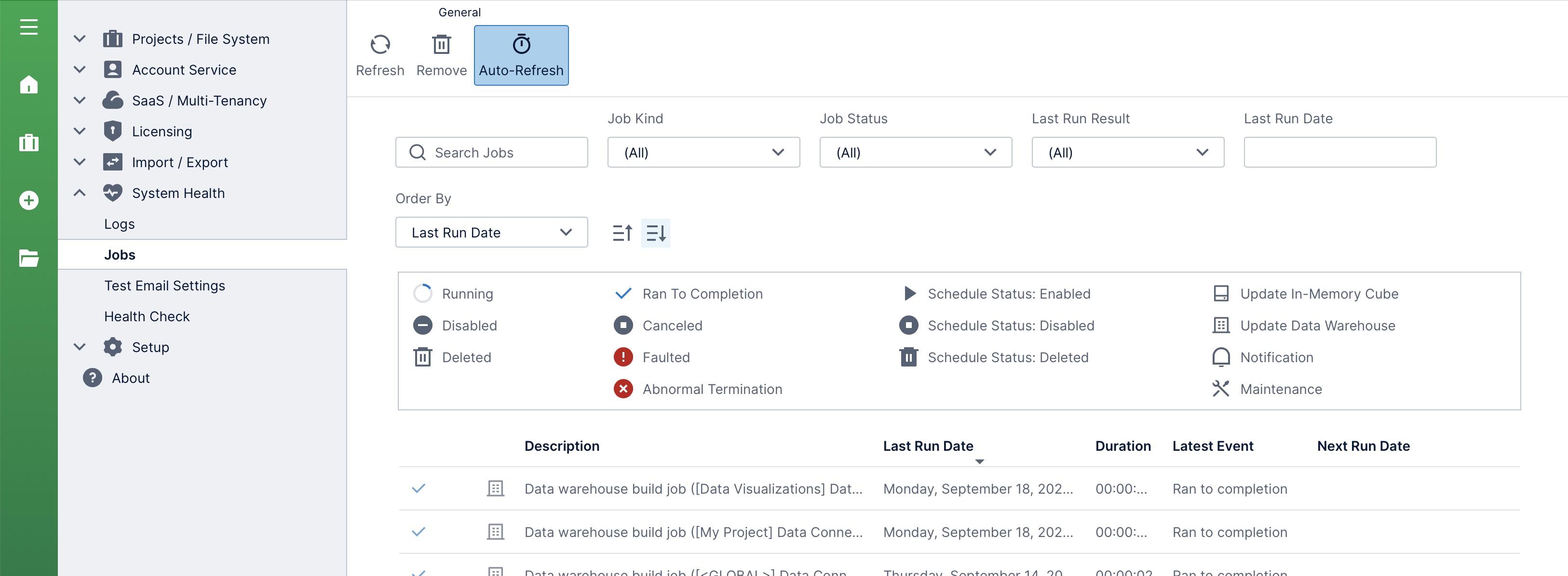 Viewing the status of all jobs