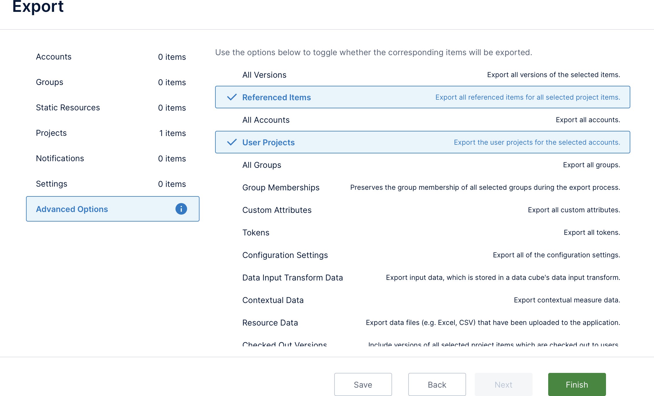 Click an option to turn it on or off