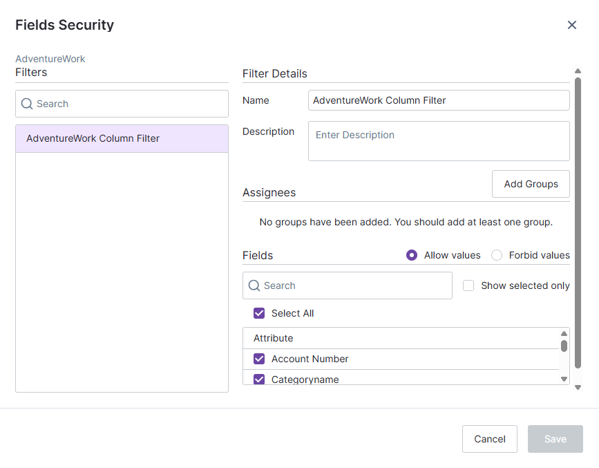 add a column filter to the fields security work area here