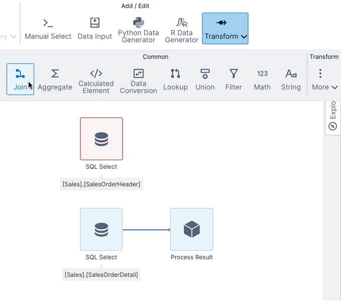Select connectino link and insert a Join trainsform