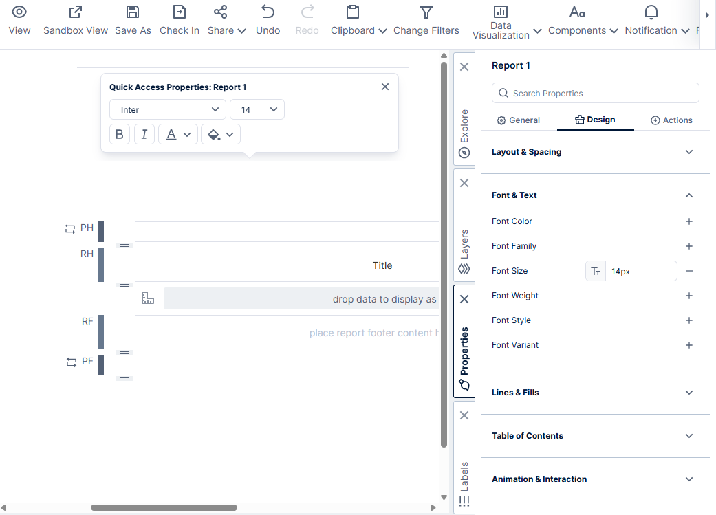 use this work area to define the look and feel of the report