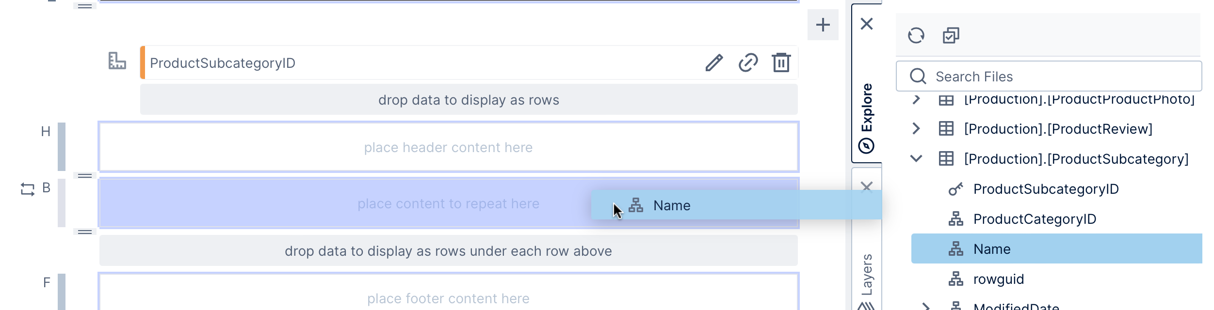 Display subcategory names in each row