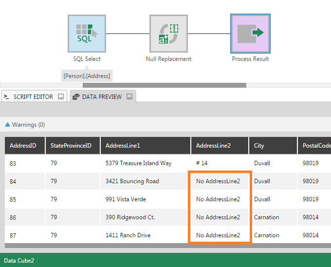 Data Preview shows Null values have been replaced with the strng: No AddressLine2