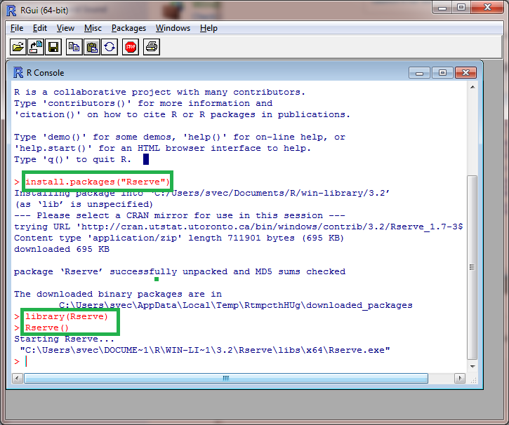 Install and run Rserve from the console