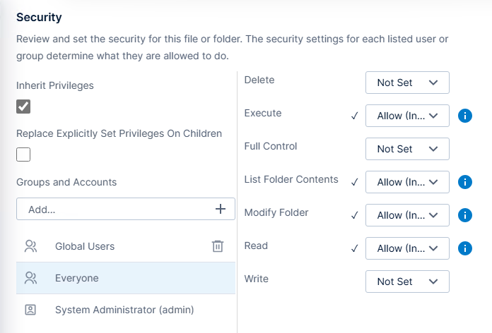 File and folder security work area