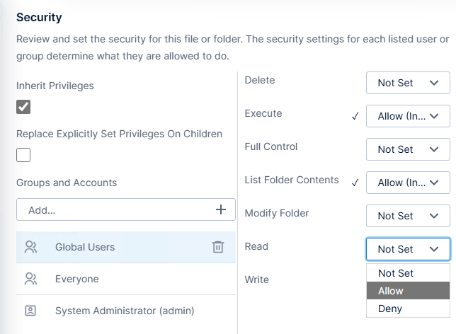 Set file privileges for selected group, tenant, or user