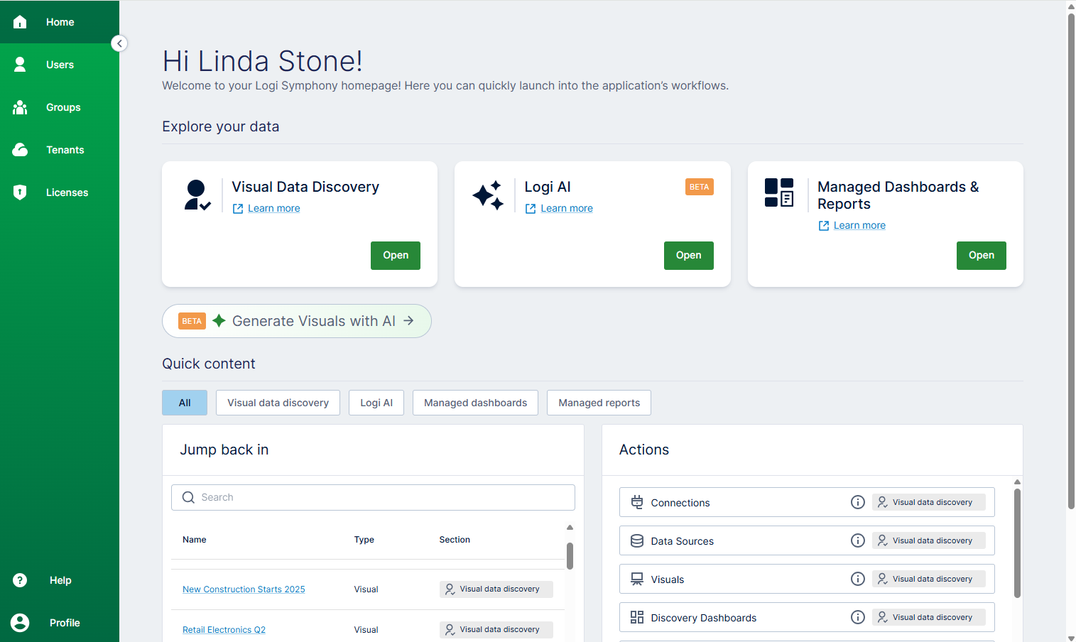 Use the home page to select an area of Symphony to work in, or jump in quickly to existing content and actions