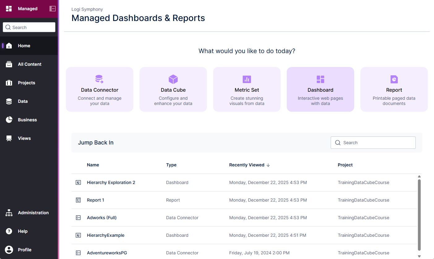 Use the home page to select an area of Symphony Visual Data Discovery to work in, or jump back in to recently accessed items