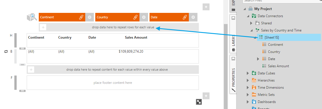 Drag a table to the grouping area