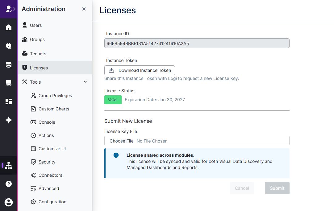 View licenses from the administration menu in Visual Data Discovery