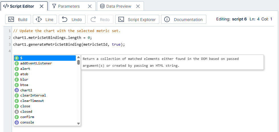 Auto-complete popup showing all available types on a new line