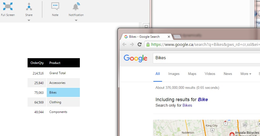 Click Bikes cell to open a Google search for 'Bikes'