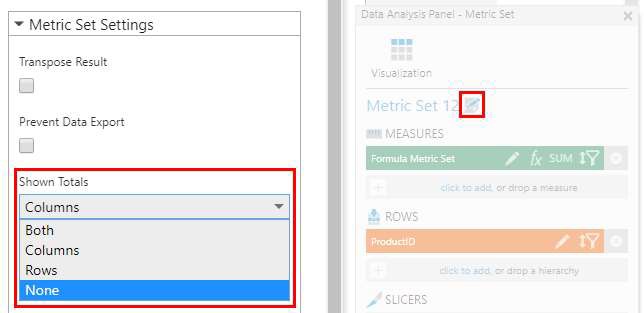 Editing the metric set totals settings