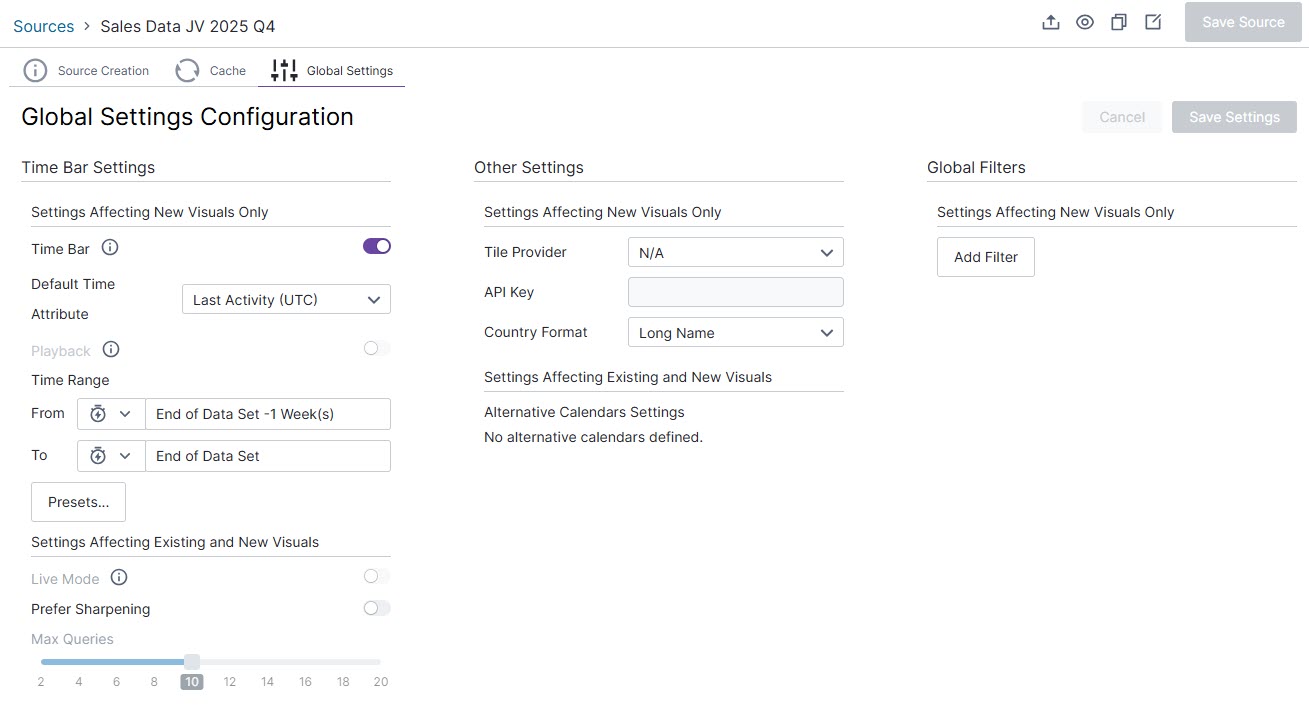 Use this work area to define time bar settings, global filters, and other settings for a source.