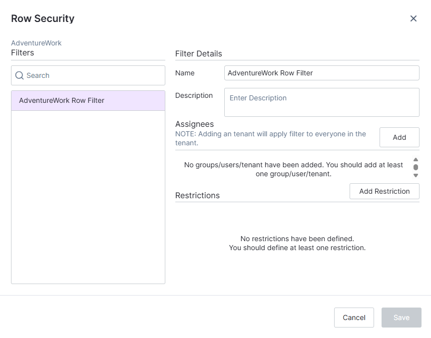 Define your row security filters in this work area