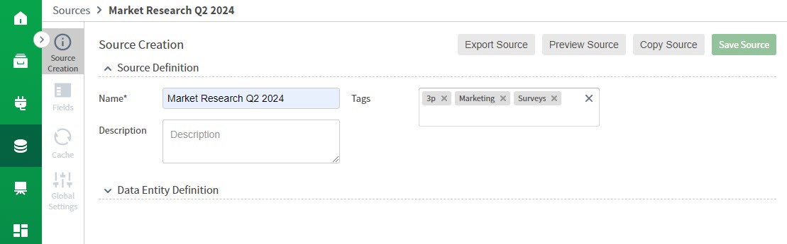 update source definition information in this section of the work area