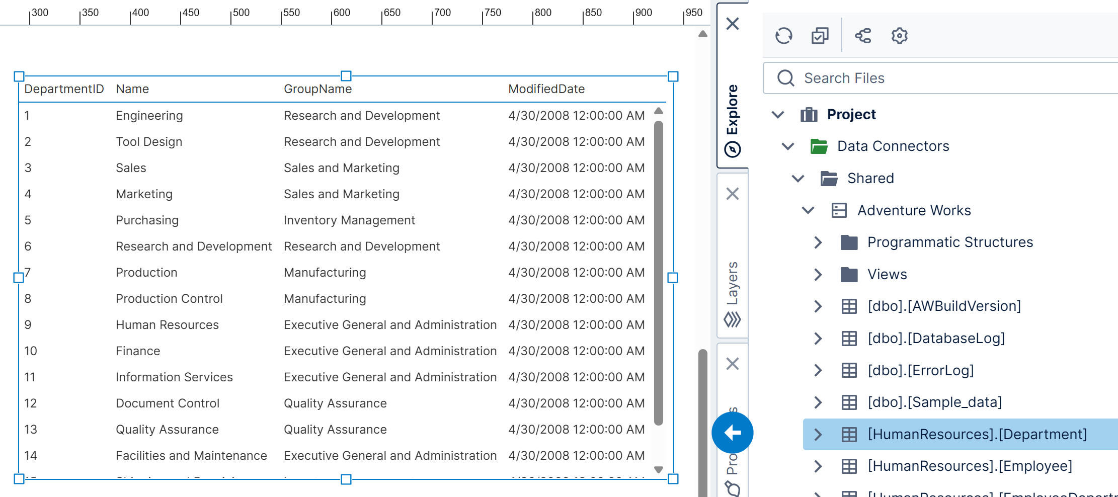Dragging a native database table to the dashboard canvas