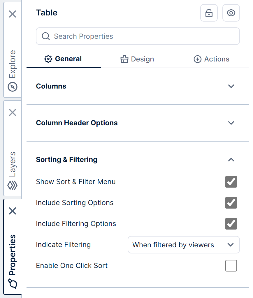 Sort and Filter menu properties