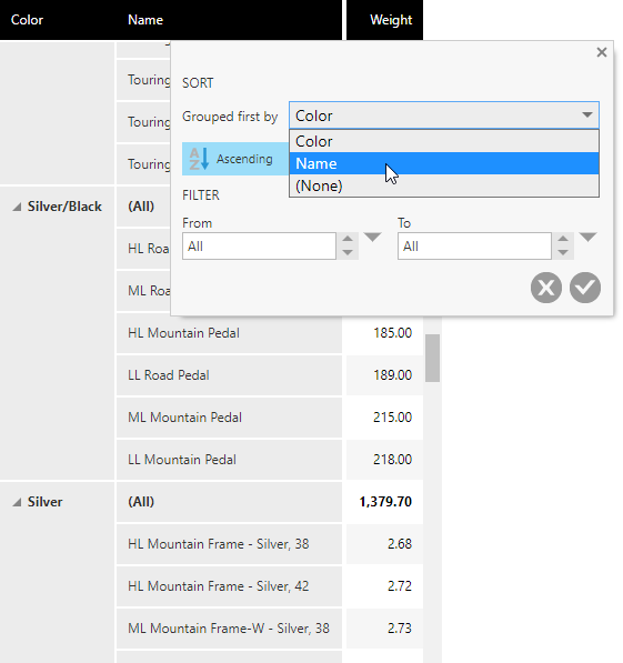 Sort dialog for the Weight column